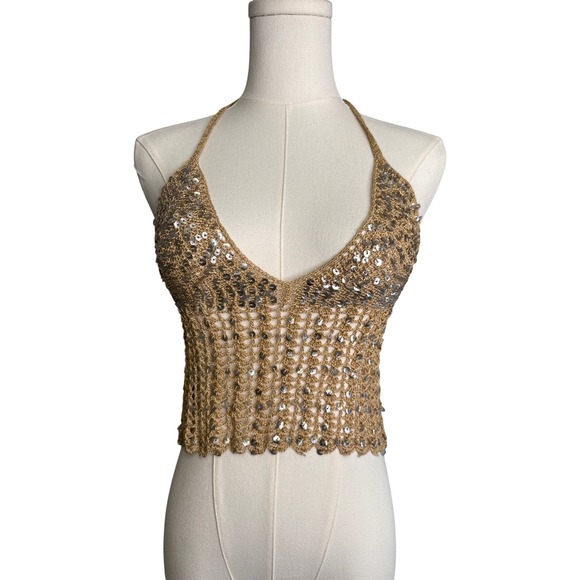 SHS Tops - SHE'S Halter Top Women OS Gold Sequin Crochet Knit Festival Boho Mermaidcore Y2K